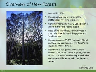 Overview of New Forests
 Founded in 2005
 Managing forestry investment for
institutional investment clients
 Currently managing nearly US$2 billion in
assets in the Asia-Pacific region
 Head office in Sydney; 38 employees in
Australia, New Zealand, Singapore, and
San Francisco
 Managing over 420,000 hectares of land
and forestry assets across the Asia-Pacific
region and United States
 New Forests has generated excellent
returns to our clients over 8 years, and has
aimed to operate as a leading sustainable
and responsible investor in the forestry
sector

Slide 97

 