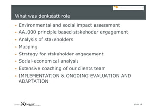 slide 14
What was denkstatt role
 Environmental and social impact assessment
 AA1000 principle based stakehoder engagement
 Analysis of stakeholders
 Mapping
 Strategy for stakeholder engagement
 Social-economical analysis
 Extensive coaching of our clients team
 IMPLEMENTATION & ONGOING EVALUATION AND
ADAPTATION
 