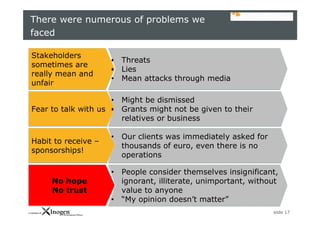 slide 17
There were numerous of problems we
faced
No hope
No trust
No hope
No trust
• People consider themselves insignificant,
ignorant, illiterate, unimportant, without
value to anyone
• “My opinion doesn’t matter”
• People consider themselves insignificant,
ignorant, illiterate, unimportant, without
value to anyone
• “My opinion doesn’t matter”
Stakeholders
sometimes are
really mean and
unfair
Stakeholders
sometimes are
really mean and
unfair
• Threats
• Lies
• Mean attacks through media
• Threats
• Lies
• Mean attacks through media
Fear to talk with usFear to talk with us
• Might be dismissed
• Grants might not be given to their
relatives or business
• Might be dismissed
• Grants might not be given to their
relatives or business
Habit to receive –
sponsorships!
Habit to receive –
sponsorships!
• Our clients was immediately asked for
thousands of euro, even there is no
operations
• Our clients was immediately asked for
thousands of euro, even there is no
operations
 