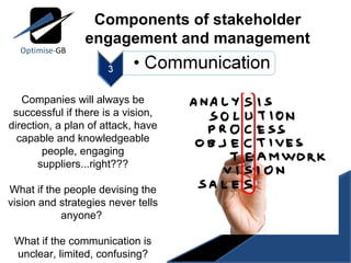 Companies will always be successful if there is a vision, direction, a plan of attack, have capable and knowledgeable people, engaging suppliers...right??? What if the people devising the vision and strategies never tells anyone?  What if the communication is unclear, limited, confusing? Components of stakeholder engagement and management 