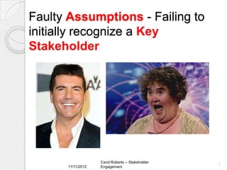 Faulty Assumptions - Failing to
initially recognize a Key
Stakeholder




                   Carol Roberts -- Stakeholder
      11/11/2012                                  7
                   Engagement
 