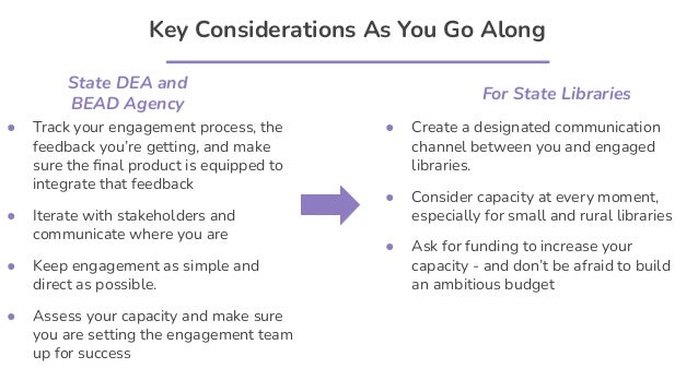 Key Considerations As You Go Along
● Track your engagement process, the
feedback you’re getting, and make
sure the ﬁnal product is equipped to
integrate that feedback
● Iterate with stakeholders and
communicate where you are
● Keep engagement as simple and
direct as possible.
● Assess your capacity and make sure
you are setting the engagement team
up for success
State DEA and
BEAD Agency
For State Libraries
● Create a designated communication
channel between you and engaged
libraries.
● Consider capacity at every moment,
especially for small and rural libraries
● Ask for funding to increase your
capacity - and don’t be afraid to build
an ambitious budget
 