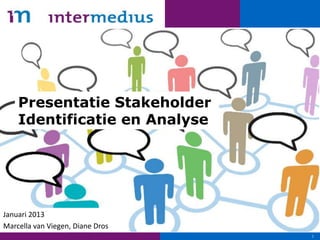 1
Presentatie Stakeholder
Identificatie en Analyse
Januari 2013
Marcella van Viegen, Diane Dros
 