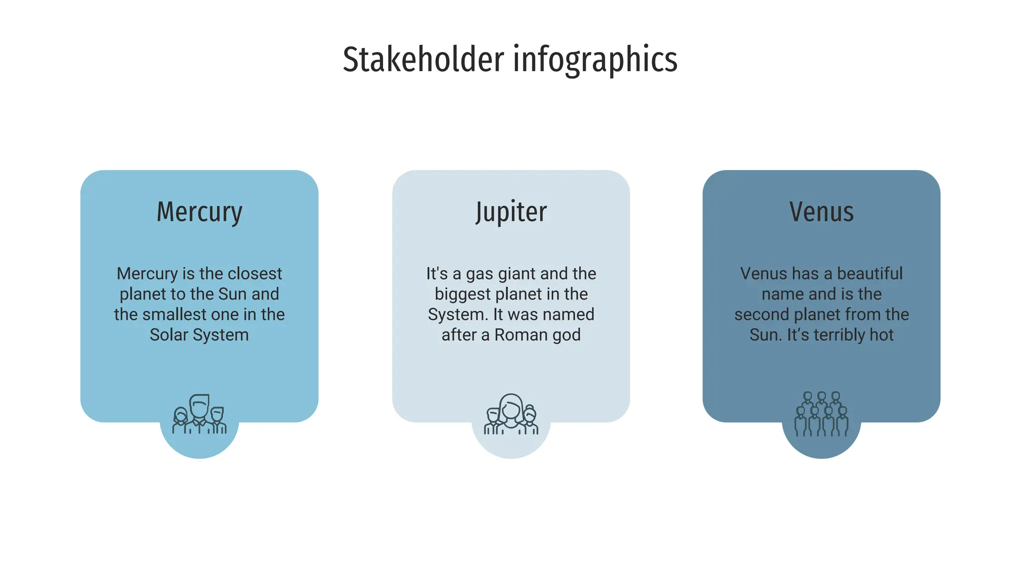 Mercury
Mercury is the closest
planet to the Sun and
the smallest one in the
Solar System
Jupiter
It's a gas giant and the
biggest planet in the
System. It was named
after a Roman god
Venus
Venus has a beautiful
name and is the
second planet from the
Sun. It’s terribly hot
Stakeholder infographics
 