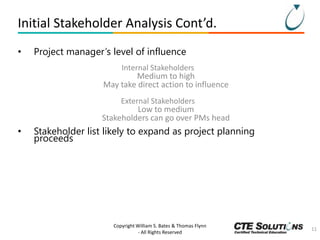 Initial Stakeholder Analysis Cont’d.
•

Project manager’s level of influence
Internal Stakeholders

Medium to high
May take direct action to influence
External Stakeholders

Low to medium
Stakeholders can go over PMs head

•

Stakeholder list likely to expand as project planning
proceeds

Copyright William S. Bates & Thomas Flynn
- All Rights Reserved

11

 