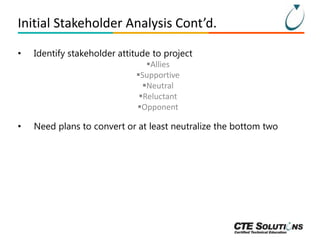 Initial Stakeholder Analysis Cont’d.
•

Identify stakeholder attitude to project
Allies
Supportive
Neutral
Reluctant
Opponent

•

Need plans to convert or at least neutralize the bottom two

 