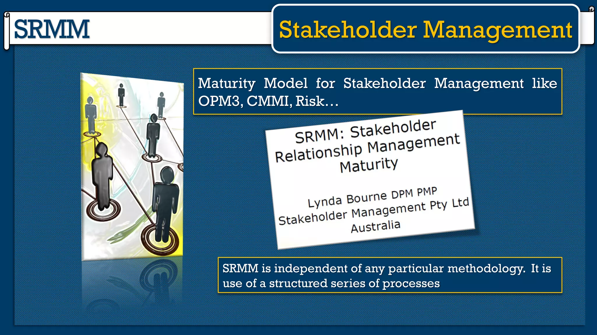 SRMM Stakeholder Management
Maturity Model for Stakeholder Management like
OPM3, CMMI, Risk…
SRMM is independent of any particular methodology. It is
use of a structured series of processes
 