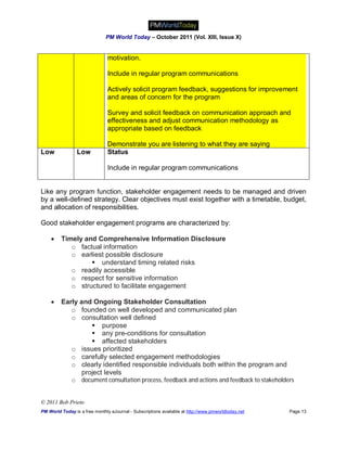 PM World Today – October 2011 (Vol. XIII, Issue X)


                                motivation.

                                Include in regular program communications

                                Actively solicit program feedback, suggestions for improvement
                                and areas of concern for the program

                                Survey and solicit feedback on communication approach and
                                effectiveness and adjust communication methodology as
                                appropriate based on feedback

                                Demonstrate you are listening to what they are saying
Low              Low            Status

                                Include in regular program communications


Like any program function, stakeholder engagement needs to be managed and driven
by a well-defined strategy. Clear objectives must exist together with a timetable, budget,
and allocation of responsibilities.

Good stakeholder engagement programs are characterized by:

        Timely and Comprehensive Information Disclosure
            o factual information
            o earliest possible disclosure
                   understand timing related risks
            o readily accessible
            o respect for sensitive information
            o structured to facilitate engagement

        Early and Ongoing Stakeholder Consultation
            o founded on well developed and communicated plan
            o consultation well defined
                    purpose
                    any pre-conditions for consultation
                    affected stakeholders
            o issues prioritized
            o carefully selected engagement methodologies
            o clearly identified responsible individuals both within the program and
                project levels
            o document consultation process, feedback and actions and feedback to stakeholders


© 2011 Bob Prieto
PM World Today is a free monthly eJournal - Subscriptions available at http://www.pmworldtoday.net   Page 13
 