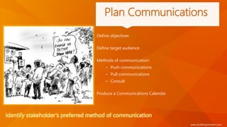 www.duddingstonkerr.com
Identify stakeholder’s preferred method of communication
Plan Communications
Define objectives
Define target audience
Methods of communication:
− Push communications
− Pull communications
− Consult
Produce a Communications Calendar
 