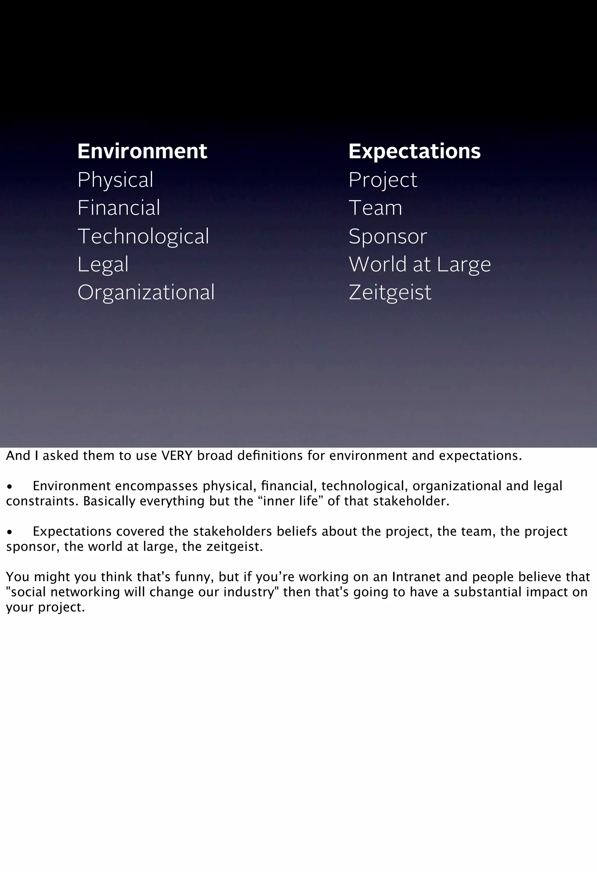 Environment
Physical
Financial
Technological
Legal
Organizational
Expectations
Project
Team
Sponsor
World at Large
Zeitgeist
And I asked them to use VERY broad deﬁnitions for environment and expectations.
•
 Environment encompasses physical, ﬁnancial, technological, organizational and legal
constraints. Basically everything but the “inner life” of that stakeholder.
•
 Expectations covered the stakeholders beliefs about the project, the team, the project
sponsor, the world at large, the zeitgeist.
You might you think that's funny, but if you’re working on an Intranet and people believe that
"social networking will change our industry" then that's going to have a substantial impact on
your project.
 