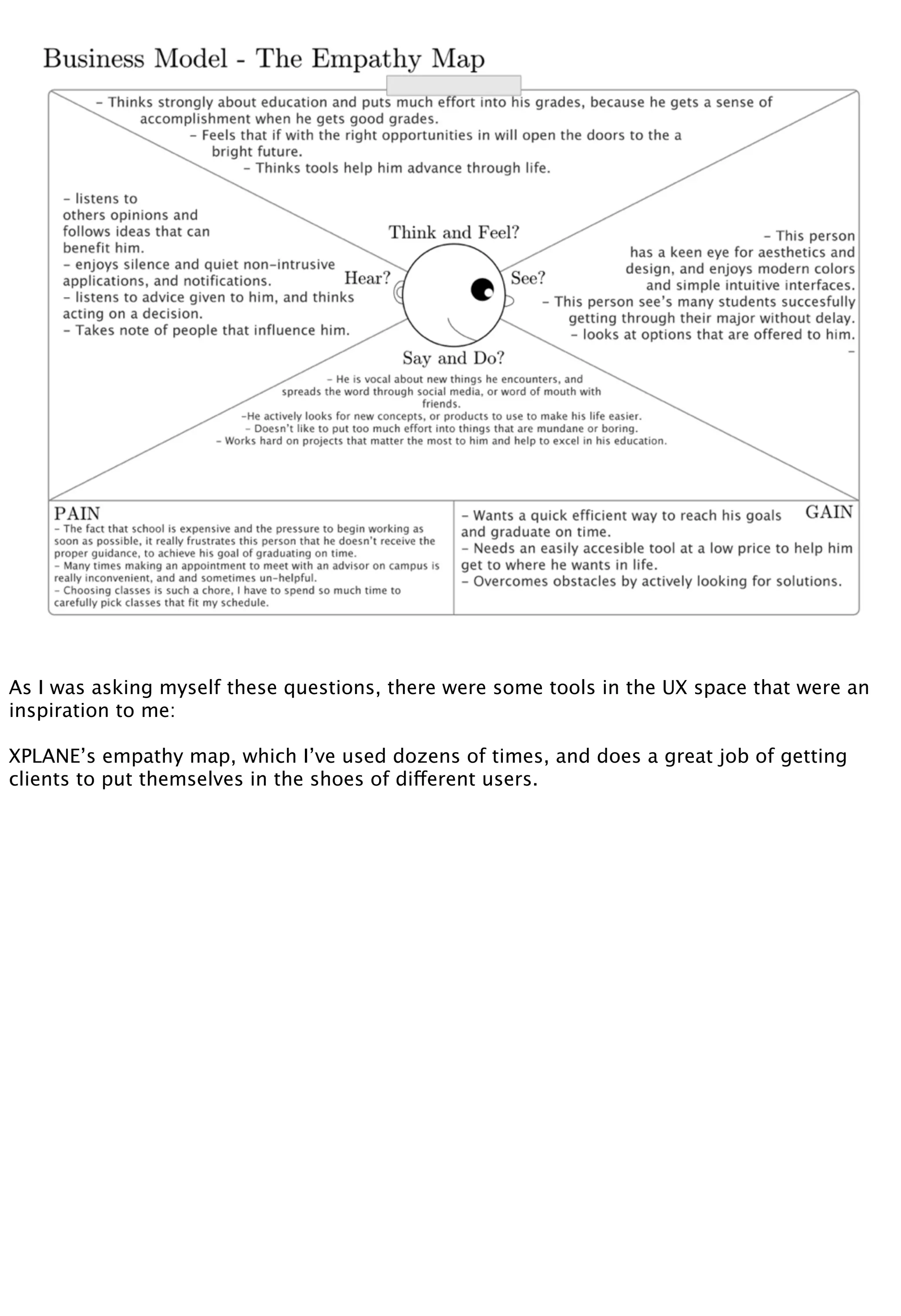 As I was asking myself these questions, there were some tools in the UX space that were an
inspiration to me:
XPLANE’s empathy map, which I’ve used dozens of times, and does a great job of getting
clients to put themselves in the shoes of different users.
 