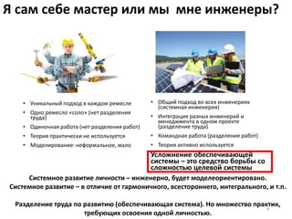 Я сам себе мастер или мы мне инженеры?
• Уникальный подход в каждом ремесле
• Одно ремесло «соло» (нет разделения
труда)
• Одиночная работа (нет разделения работ)
• Теория практически не используется
• Моделирование: неформальное, мало
• Общий подход во всех инженериях
(системная инженерия)
• Интеграция разных инженерий и
менеджмента в одном проекте
(разделение труда)
• Командная работа (разделение работ)
• Теория активно используется
Усложнение обеспечивающей
системы – это средство борьбы со
сложностью целевой системы
4
Системное развитие личности – инженерно, будет моделеориентировано.
Системное развитие – в отличие от гармоничного, всестороннего, интегрального, и т.п.
Разделение труда по развитию (обеспечивающая система). Но множество практик,
требующих освоения одной личностью.
 
