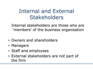 Internal and External Stakeholders Internal stakeholders are those who are  ‘members’ of the business organisation Owners and shareholders Managers Staff and employees External stakeholders are not part of the firm 