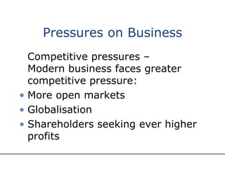 Pressures on Business Competitive pressures –  Modern business faces greater competitive pressure: More open markets  Globalisation  Shareholders seeking ever higher profits  