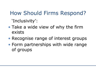 How Should Firms Respond? ‘ Inclusivity’: Take a wide view of why the firm exists Recognise range of interest groups  Form partnerships with wide range of groups 