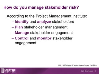 5© Life Cycle Institute
How do you manage stakeholder risk?
According to the Project Management Institute:
– Identify and ...