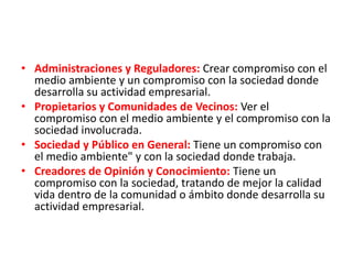 • Administraciones y Reguladores: Crear compromiso con el
medio ambiente y un compromiso con la sociedad donde
desarrolla su actividad empresarial.
• Propietarios y Comunidades de Vecinos: Ver el
compromiso con el medio ambiente y el compromiso con la
sociedad involucrada.
• Sociedad y Público en General: Tiene un compromiso con
el medio ambiente" y con la sociedad donde trabaja.
• Creadores de Opinión y Conocimiento: Tiene un
compromiso con la sociedad, tratando de mejor la calidad
vida dentro de la comunidad o ámbito donde desarrolla su
actividad empresarial.
 