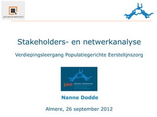 Stakeholders- en netwerkanalyse
Verdiepingsleergang Populatiegerichte Eerstelijnszorg




                   Nanne	
  Dodde

            Almere, 26 september 2012
 