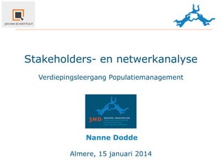 Stakeholders- en netwerkanalyse
Verdiepingsleergang Populatiemanagement

Nanne	
  Dodde
Almere, 15 januari 2014

 