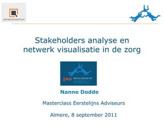 Stakeholders analyse en
netwerk visualisatie in de zorg




            Nanne Dodde

     Masterclass Eerstelijns Adviseurs

        Almere, 8 september 2011
 
