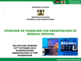 www.pharmacyboardkenya.org
Pharmacy and
Poisons Board
REPUBLIC	OF	KENYA
MINISTRY	OF	HEALTH
PHARMACY	AND	POISONS	BOARD
OVERVIEW OF GUIDELINE FOR REGISTRATION OF
MEDICAL DEVICES
DR PAULYNE WAIRIMU
25TH OCTOBER 2018
STAKEHOLDERS
SENSITIZATION AT PPB
BOARDROOM
1
 