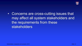 • Concerns are cross-cutting issues that
may affect all system stakeholders and
the requirements from these
stakeholders

Stakeholders, viewpoints and concerns, 2013

Slide 14

 