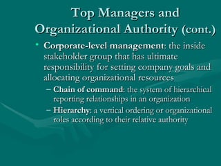 Top Managers and Organizational Authority  (cont.) Corporate-level management : the inside stakeholder group that has ultimate responsibility for setting company goals and allocating organizational resources Chain of command : the system of hierarchical reporting relationships in an organization Hierarchy : a vertical ordering or organizational roles according to their relative authority 