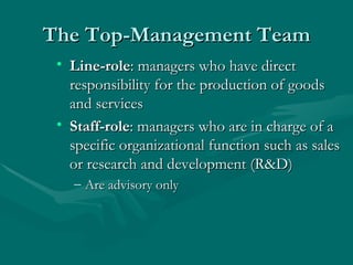 The Top-Management Team Line-role : managers who have direct responsibility for the production of goods and services Staff-role : managers who are in charge of a specific organizational function such as sales or research and development (R&D) Are advisory only 