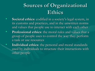 Sources of Organizational Ethics Societal ethics : codified in a society’s legal system, in its customs and practices, and in the unwritten norms and values that people use to interact with each other Professional ethics : the moral rules and values that a group of people uses to control the way they perform a task or use resources Individual ethics : the personal and moral standards used by individuals to structure their interactions with other people 