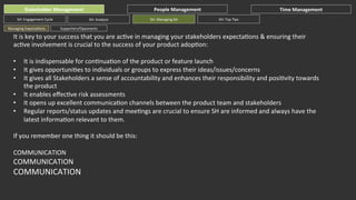 Stakeholder	
  Management	
  
SH:	
  Engagement	
  Cycle	
  
Managing	
  ExpectaGons	
  

People	
  Management	
  
SH:	
  Analysis	
  

SH:	
  Managing	
  SH	
  

Time	
  Management	
  
SH:	
  Top	
  Tips	
  

Supporters/Opponents	
  

It	
  is	
  key	
  to	
  your	
  success	
  that	
  you	
  are	
  acGve	
  in	
  managing	
  your	
  stakeholders	
  expectaGons	
  &	
  ensuring	
  their	
  
acGve	
  involvement	
  is	
  crucial	
  to	
  the	
  success	
  of	
  your	
  product	
  adopGon:	
  
	
  
•  It	
  is	
  indispensable	
  for	
  conGnuaGon	
  of	
  the	
  product	
  or	
  feature	
  launch	
  
•  It	
  gives	
  opportuniGes	
  to	
  individuals	
  or	
  groups	
  to	
  express	
  their	
  ideas/issues/concerns	
  
•  It	
  gives	
  all	
  Stakeholders	
  a	
  sense	
  of	
  accountability	
  and	
  enhances	
  their	
  responsibility	
  and	
  posiGvity	
  towards	
  
the	
  product	
  
•  It	
  enables	
  eﬀecGve	
  risk	
  assessments	
  
•  It	
  opens	
  up	
  excellent	
  communicaGon	
  channels	
  between	
  the	
  product	
  team	
  and	
  stakeholders	
  
•  Regular	
  reports/status	
  updates	
  and	
  meeGngs	
  are	
  crucial	
  to	
  ensure	
  SH	
  are	
  informed	
  and	
  always	
  have	
  the	
  
latest	
  informaGon	
  relevant	
  to	
  them.	
  
If	
  you	
  remember	
  one	
  thing	
  it	
  should	
  be	
  this:	
  
	
  
COMMUNICATION	
  

COMMUNICATION	
  

COMMUNICATION	
  

 