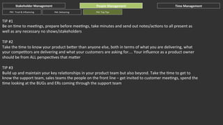 Stakeholder	
  Management	
  
PM:	
  	
  Trust	
  &	
  Inﬂuencing	
  

People	
  Management	
  
PM:	
  Delivering	
  

Time	
  Management	
  

PM:	
  Top	
  Tips	
  

TIP	
  #1	
  
Be	
  on	
  Gme	
  to	
  meeGngs,	
  prepare	
  before	
  meeGngs,	
  take	
  minutes	
  and	
  send	
  out	
  notes/acGons	
  to	
  all	
  present	
  as	
  
well	
  as	
  any	
  necessary	
  no	
  shows/stakeholders	
  
	
  
TIP	
  #2	
  
Take	
  the	
  Gme	
  to	
  know	
  your	
  product	
  beher	
  than	
  anyone	
  else,	
  both	
  in	
  terms	
  of	
  what	
  you	
  are	
  delivering,	
  what	
  
your	
  compeGtors	
  are	
  delivering	
  and	
  what	
  your	
  customers	
  are	
  asking	
  for....	
  Your	
  inﬂuence	
  as	
  a	
  product	
  owner	
  
should	
  be	
  from	
  ALL	
  perspecGves	
  that	
  maher	
  
	
  
TIP	
  #3	
  	
  
Build	
  up	
  and	
  maintain	
  your	
  key	
  relaGonships	
  in	
  your	
  product	
  team	
  but	
  also	
  beyond.	
  Take	
  the	
  Gme	
  to	
  get	
  to	
  
know	
  the	
  support	
  team,	
  sales	
  teams	
  the	
  people	
  on	
  the	
  front	
  line	
  –	
  get	
  invited	
  to	
  customer	
  meeGngs,	
  spend	
  the	
  
Gme	
  looking	
  at	
  the	
  BUGs	
  and	
  ERs	
  coming	
  through	
  the	
  support	
  team	
  
	
  
	
  

 