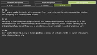 Stakeholder	
  Management	
  
TM:	
  	
  Self	
  Mgt	
  

TM:	
  MeeGng	
  Mgt	
  

People	
  Management	
  
TM:	
  PrioriGsaGon	
  

Time	
  Management	
  
TM:	
  Top	
  Tips	
  

TIP	
  #1	
  
Don’t	
  let	
  your	
  day	
  be	
  dictated	
  by	
  ad	
  hoc	
  requests	
  –	
  if	
  they	
  come	
  in	
  then	
  put	
  them	
  into	
  your	
  prioriGsed	
  list	
  along	
  
with	
  everything	
  else....(so	
  easy	
  to	
  NOT	
  do	
  this!)	
  
	
  
TIP	
  #2	
  
Everything	
  in	
  Gme	
  management	
  will	
  go	
  oﬀ	
  kilter	
  if	
  your	
  stakeholder	
  management	
  is	
  not	
  best	
  pracGce.	
  If	
  you	
  
have	
  not	
  managed	
  your	
  stakeholder	
  expectaGons	
  well	
  then	
  your	
  day/week/month	
  could	
  be	
  adversely	
  impact	
  
and	
  spiral	
  out	
  of	
  your	
  control	
  if	
  you	
  have	
  to	
  jump	
  to	
  respond	
  to	
  unreasonable	
  requests	
  or	
  unplanned	
  work	
  
	
  
TIP	
  #3	
  	
  
Don’t	
  be	
  afraid	
  to	
  say	
  no,	
  as	
  long	
  as	
  there	
  is	
  good	
  reason	
  people	
  will	
  understand	
  and	
  if	
  not	
  explain	
  what	
  you	
  are	
  
doing	
  takes	
  priority	
  and	
  why	
  
	
  

 