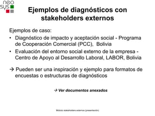 Ejemplos de diagnósticos con
          stakeholders externos
Ejemplos de caso:
• Diagnóstico de impacto y aceptación social - Programa
  de Cooperación Comercial (PCC), Bolivia
• Evaluación del entorno social externo de la empresa -
  Centro de Apoyo al Desarrollo Laboral, LABOR, Bolivia

 Pueden ser una inspiración y ejemplo para formatos de
  encuestas o estructuras de diagnósticos

                   Ver documentos anexados



                   Módulo stakeholders externos (presentación)
 