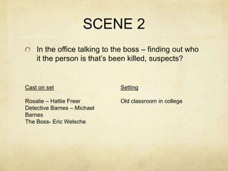 SCENE 2
    In the office talking to the boss – finding out who
    it the person is that’s been killed, suspects?


Cast on set                   Setting

Rosalie – Hattie Freer        Old classroom in college
Detective Barnes – Michael
Barnes
The Boss- Eric Welsche
 
