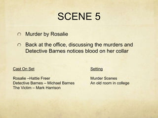 SCENE 5
      Murder by Rosalie

      Back at the office, discussing the murders and
      Detective Barnes notices blood on her collar


Cast On Set                         Setting

Rosalie –Hattie Freer               Murder Scenes
Detective Barnes – Michael Barnes   An old room in college
The Victim – Mark Harrison
 
