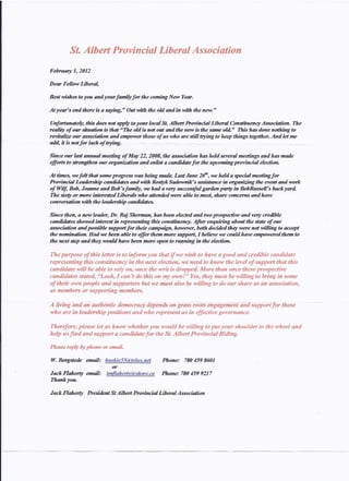 St. Albert Liberal letter February 1, 2012