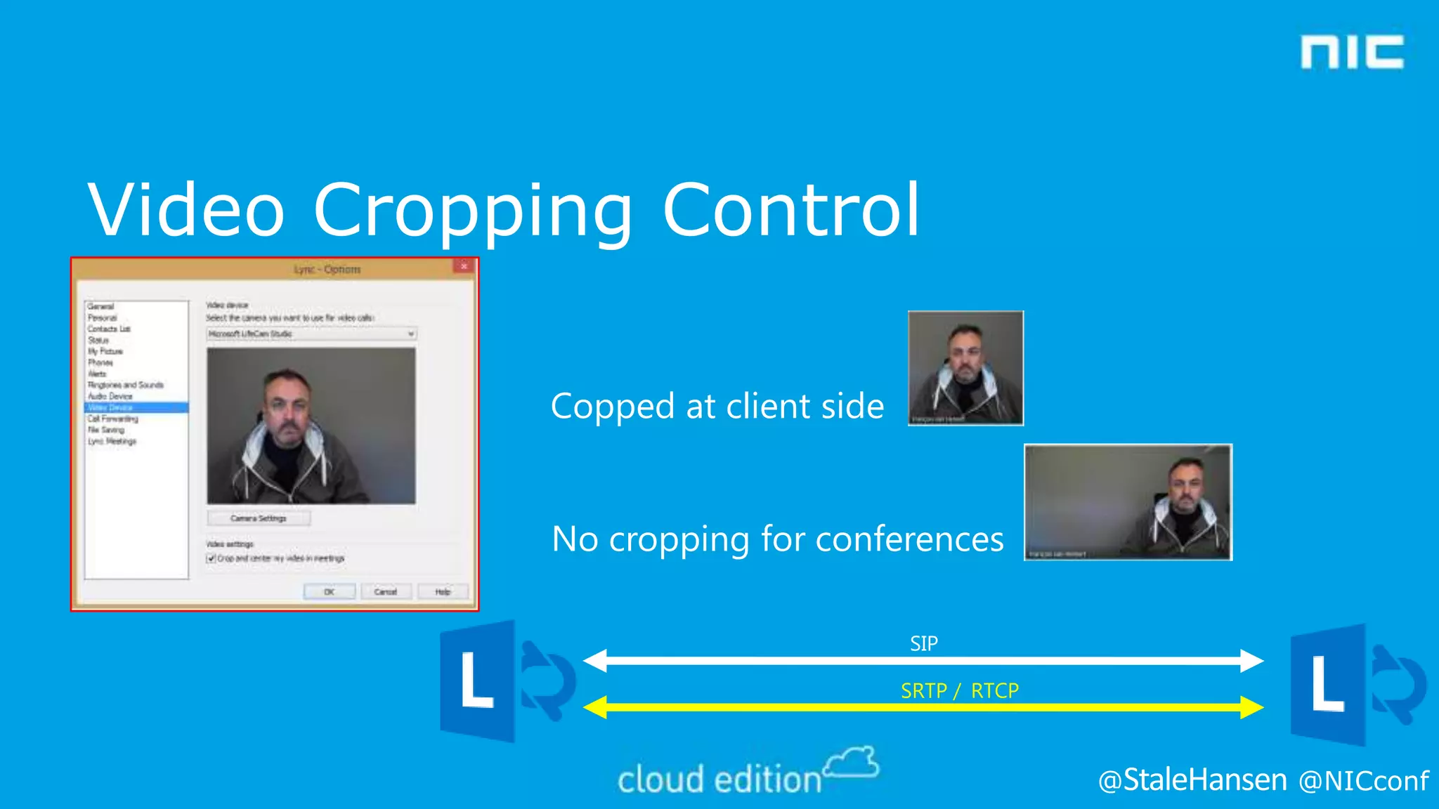 Video Cropping Control
Copped at client side

No cropping for conferences
SIP
SRTP / RTCP

@

@NICconf

 