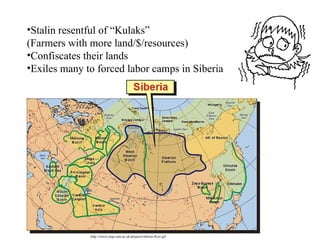 Stalin resentful of “Kulaks” (Farmers with more land/$/resources) Confiscates their lands Exiles many to forced labor camps in Siberia http://www.casp.cam.ac.uk/projects/siberia-flyer.gif 