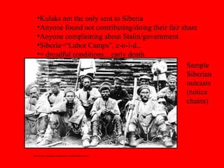 Kulaks not the only sent to Siberia Anyone found not contributing/doing their fair share Anyone complaining about Stalin/government Siberia=“Labor Camps”, c-o-l-d... = dreadful conditions…early death http://www.spartacus.schoolnet.co.uk/RUSsiberia.htm Sample Siberian outcasts (notice chains) 