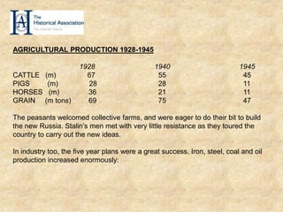 AGRICULTURAL PRODUCTION 1928-1945
1928 1940 1945
CATTLE (m) 67 55 45
PIGS (m) 28 28 11
HORSES (m) 36 21 11
GRAIN (m tons) 69 75 47
The peasants welcomed collective farms, and were eager to do their bit to build
the new Russia. Stalin’s men met with very little resistance as they toured the
country to carry out the new ideas.
In industry too, the five year plans were a great success. Iron, steel, coal and oil
production increased enormously:
 