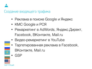 • Реклама в поиске Google и Яндекс
• КМС Google и РСЯ
• Ремаркетинг в AdWords, Яндекс.Директ,
Facebook, ВКонтакте, Mail.ru
• Видео-ремаркетинг в YouTube
• Таргетированная реклама в Facebook,
ВКонтакте, Mail.ru
• GSP
Создание входящего трафика
 