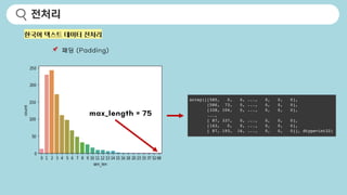 전처리
📌 패딩 (Padding)
한국어 텍스트 데이터 전처리
max_length = 75
 