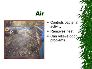 Air Controls bacterial activity Removes heat  Can relieve odor problems 