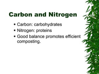 Carbon and Nitrogen Carbon: carbohydrates Nitrogen: proteins Good balance promotes efficient composting. 