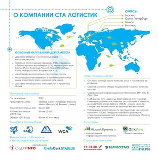 ОСНОВНЫЕ НАПРАВЛЕНИЯ ДЕЯТЕЛЬНОСТИ 
Доставка сборных и комплектных грузов 
автотранспортом. 
Морские контейнерные перевозки (FCL), перевозки 
сборных грузов в контейнерах (LCL) через порты стран 
Балтии (Рига, Клайпеда, Таллин), Санкт-Петербург, 
Котку, Новороссийск, Владивосток и т.д. 
Авиаперевозки импортных и экспортных грузов. 
Мультимодальные перевозки с комбинацией любых 
видов транспорта (авто, морской, ж/д, авиа). 
Доставка негабаритных, тяжеловесных и проектных 
грузов. 
Основные показатели 
2003 
Москва, Санкт-Петербург (Россия), 
Минск (Беларусь), Вильнюс (Литва) 
более 200 
более 20 000 
более 40 млн евро 
Год основания 
Представительства 
Количество сотрудников 
Количество заказов 
в 2013 году 
Оборот в 2013 году 
Наши преимущества 
Система менеджмента качества услуг и постоянное ее 
развитие. 
Строгая система отбора подрядчиков и оценки качества 
их услуг. 
Современные информационные технологии: ERP, TMS, BI, 
CRM, SRM. 
Глобальная сеть надежных Партнеров за счет членства 
в международных логистических ассоциациях и альянсах, 
включая World Cargo Alliance (WCA) – самая крупная 
в мире сеть независимых экспедиторских компаний. 
Страхование ответственности экспедитора в английской 
компании ТТ Сlub – ведущий мировой страховщик, 
специализирующийся на управлении рисками в области 
транспорта и логистики. 
IT-системы 
− корпоративная − бизнес-аналитика 
информационная система 
Страховые компании 
Членство в ассоциациях 
Финансовая стабильность 
и высокая деловая репутация 
сертификаты 
 