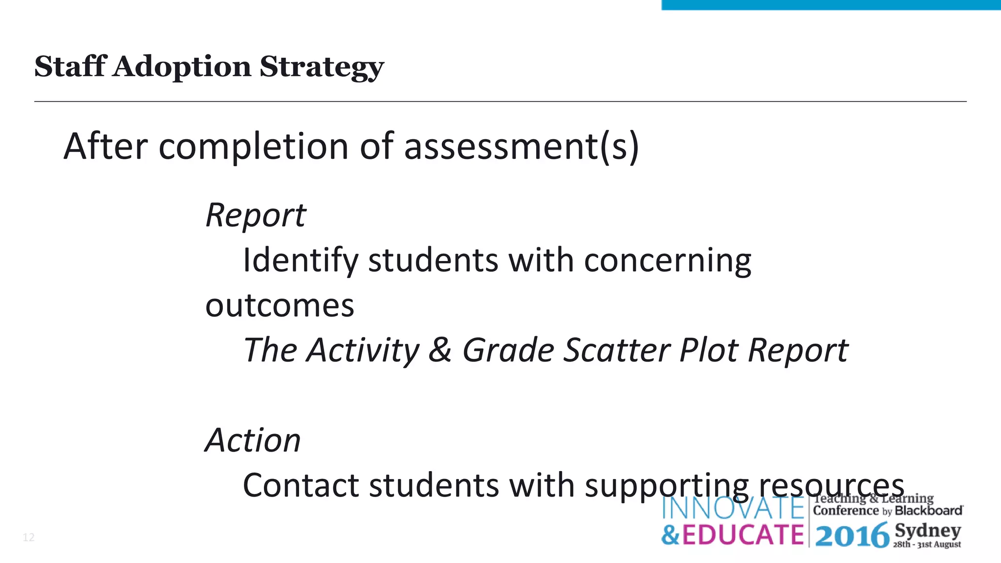 Staff Adoption Strategy
12
After completion of assessment(s)
Report
Identify students with concerning
outcomes
The Activity & Grade Scatter Plot Report
Action
Contact students with supporting resources
 