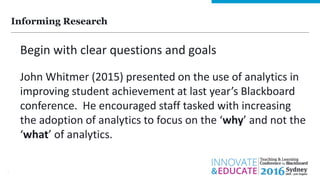 Informing Research
3
Begin with clear questions and goals
John Whitmer (2015) presented on the use of analytics in
improving student achievement at last year’s Blackboard
conference. He encouraged staff tasked with increasing
the adoption of analytics to focus on the ‘why’ and not the
‘what’ of analytics.
 