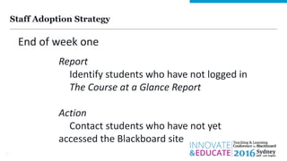 Staff Adoption Strategy
8
End of week one
Report
Identify students who have not logged in
The Course at a Glance Report
Action
Contact students who have not yet
accessed the Blackboard site
 