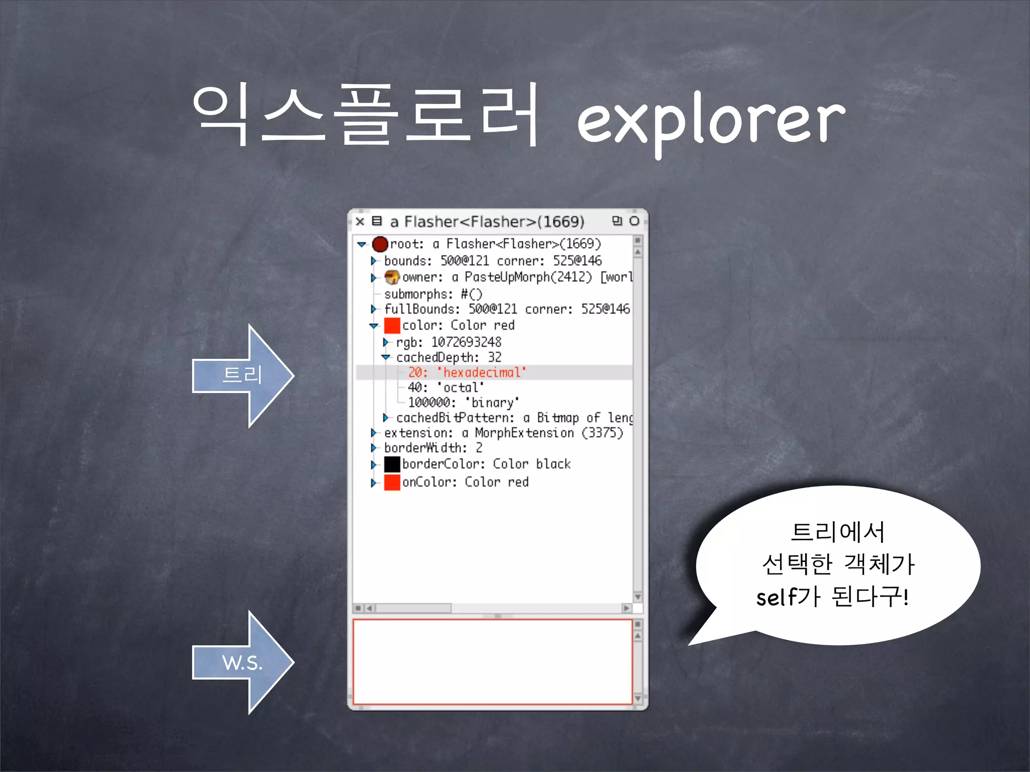 익스플로러 explorer
트리
W.S.
트리에서
선택한 객체가
self가 된다구!
 