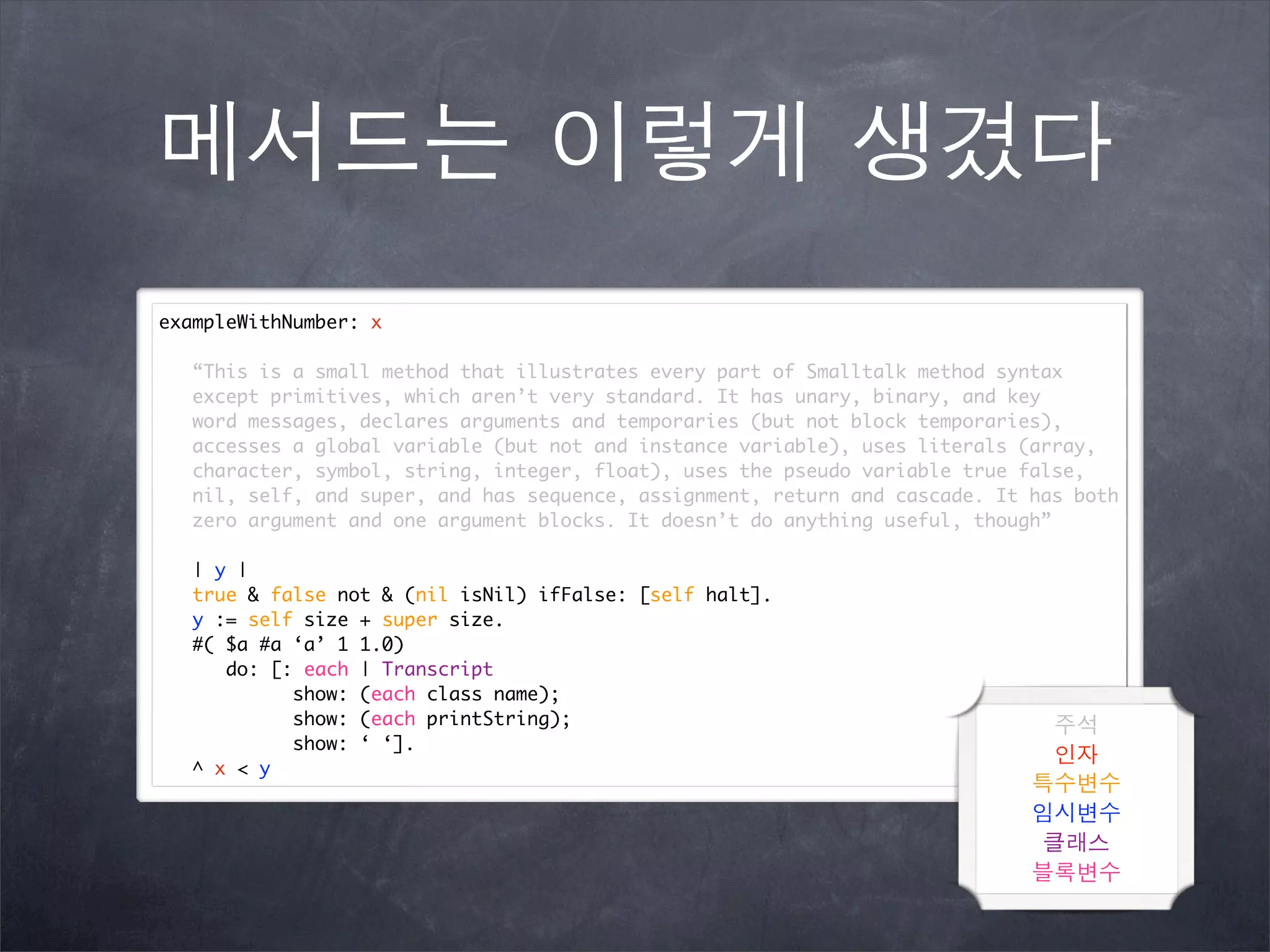 메서드는 이렇게 생겼다
exampleWithNumber: x
“This is a small method that illustrates every part of Smalltalk method syntax
except primitives, which aren’t very standard. It has unary, binary, and key
word messages, declares arguments and temporaries (but not block temporaries),
accesses a global variable (but not and instance variable), uses literals (array,
character, symbol, string, integer, float), uses the pseudo variable true false,
nil, self, and super, and has sequence, assignment, return and cascade. It has both
zero argument and one argument blocks. It doesn’t do anything useful, though”
| y |
true & false not & (nil isNil) ifFalse: [self halt].
y := self size + super size.
#( $a #a ‘a’ 1 1.0)
do: [: each | Transcript
show: (each class name);
show: (each printString);
show: ‘ ‘].
^ x < y
주석
인자
특수변수
임시변수
클래스
블록변수
 